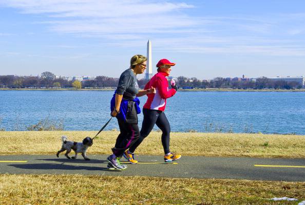 Los corredores con su perro corren por Mount Vernon Trail, 8 de marzo de 2014 cerca de Alexandria, Virginia.  Las temperaturas primaverales llegaron al área de Washington, DC subiendo a mediados de los 17 ° C (60 ° F), brindando un alivio muy necesario a los residentes cansados de la nieve.  AFP PHOTO / Karen BLEIER (el crédito de la foto debe leer KAREN BLEIER / AFP / Getty Images)